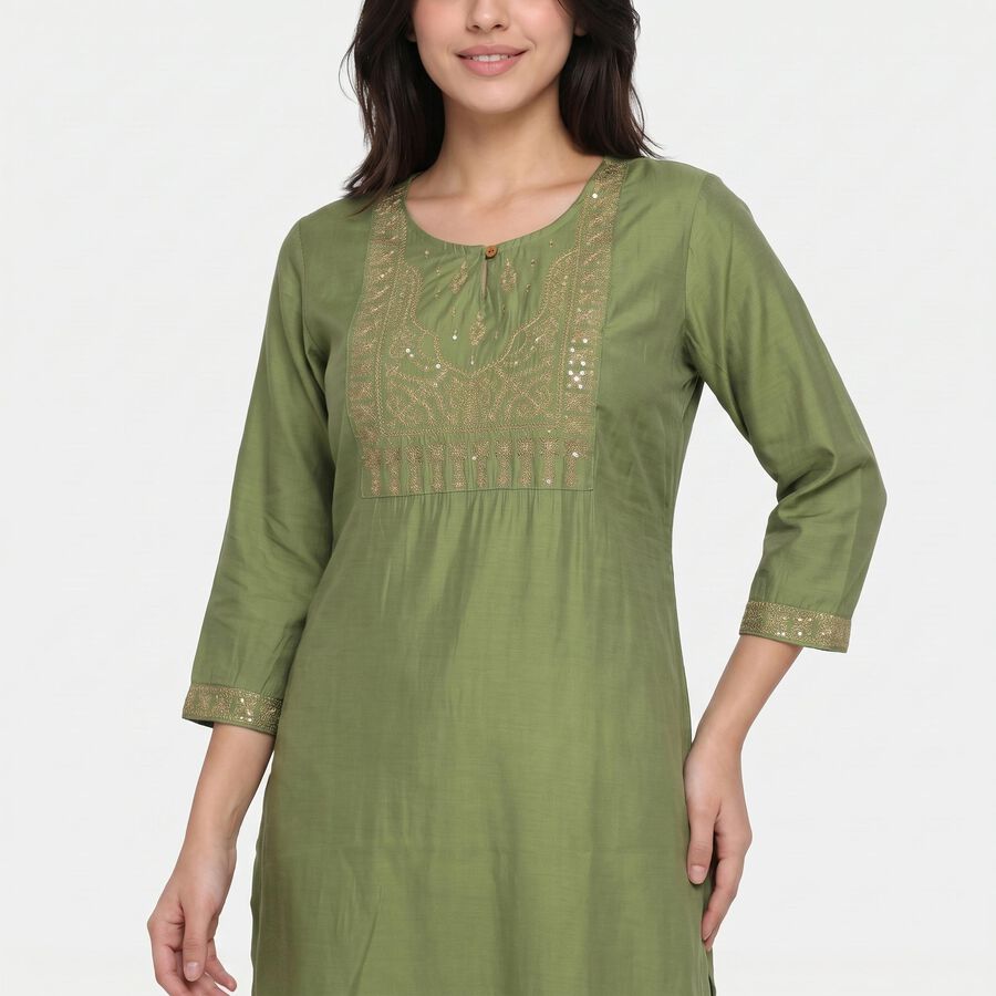 Women's Olive Green Round Neck Embroidered Kurta, हल्का हरा, large