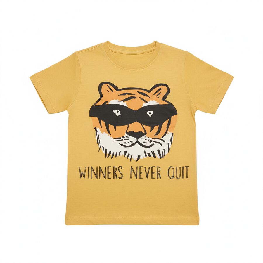 Boys Mustard Yellow Cotton Round Neck Casual T-Shirt, पीला, large image number null