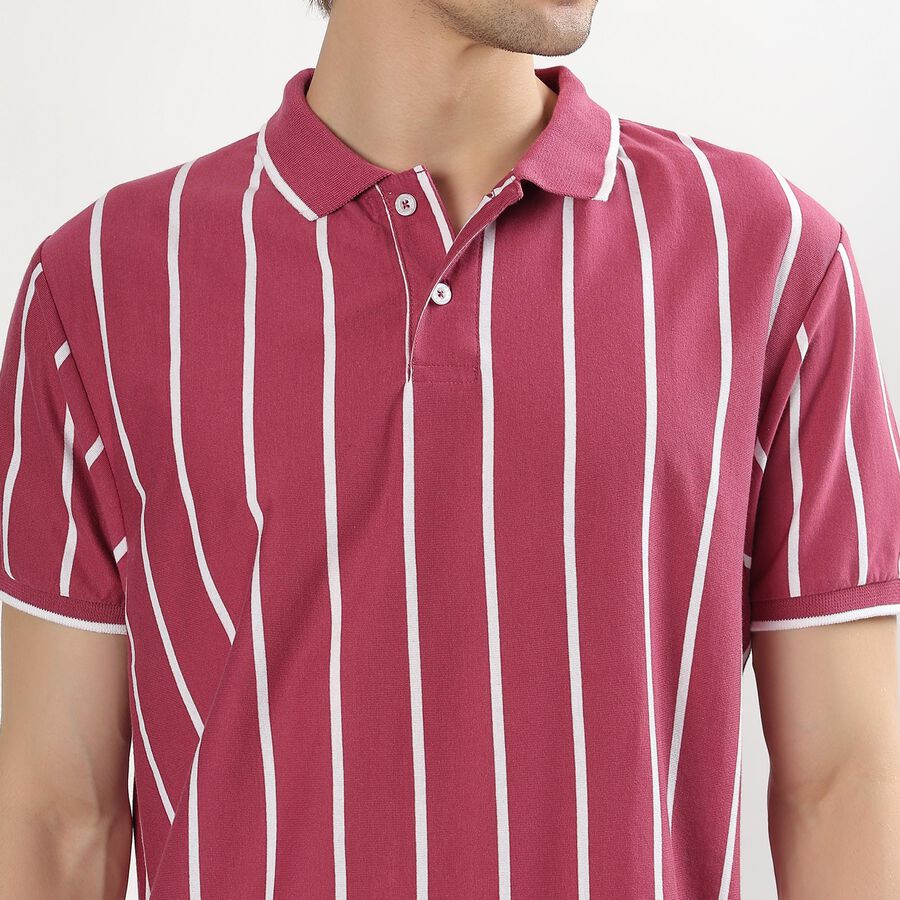 Men's Light Pink Polo Neck Striped T-Shirt, Light Pink, large image number null