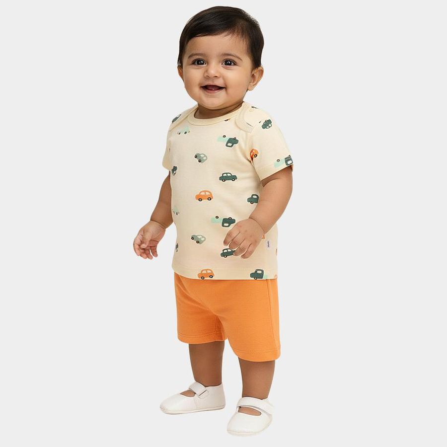 Infants' Orange Cotton Round Neck Car Print Baba Suit, Orange, large