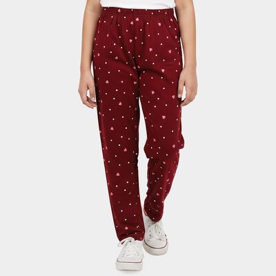 Girls Wine Straight Fit Heart Printed Pyjama