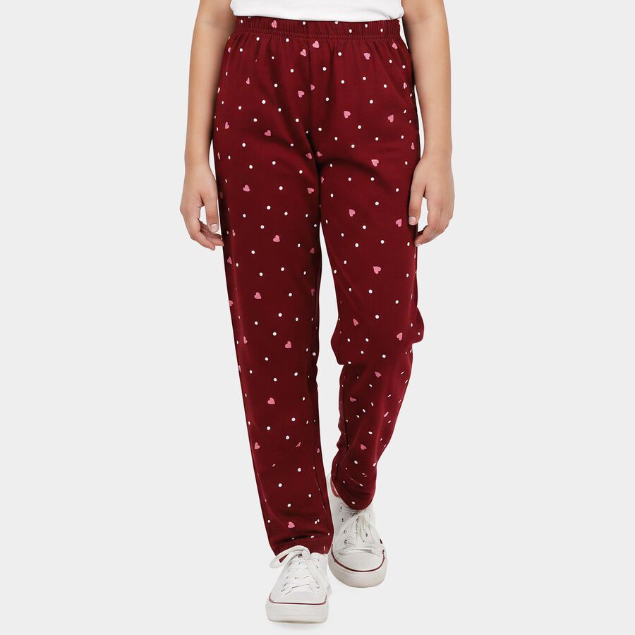 Girls Wine Straight Fit Heart Printed Pyjama, Wine, large