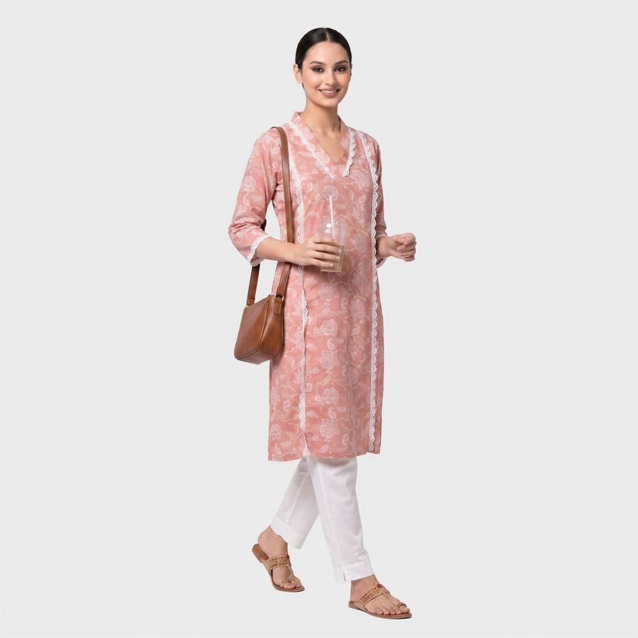 Women's Pink V-Neck Lace Trim Printed Kurta, गुलाबी, large