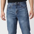 Men's Blue Straight Fit Washed Jeans, गहरा नीला, small