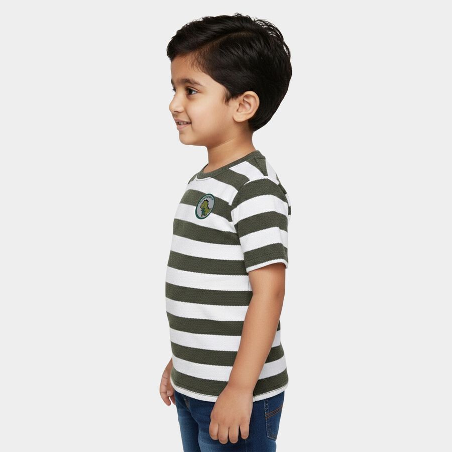 Boys' Olive Round Neck Striped T-Shirt, ओलिव, large