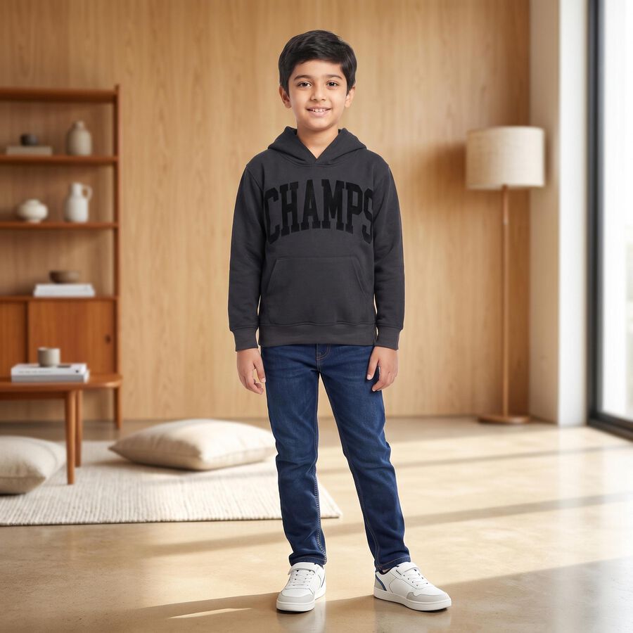 Boys' Dark Grey Hoodie Neck Graphic Print Sweatshirt, Dark Grey, large