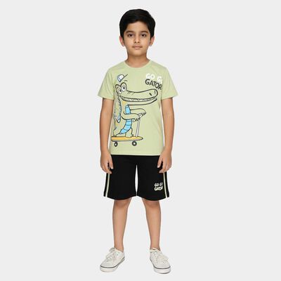 Boys Light Green 100% Cotton Round Neck Graphic Printed Baba Suit