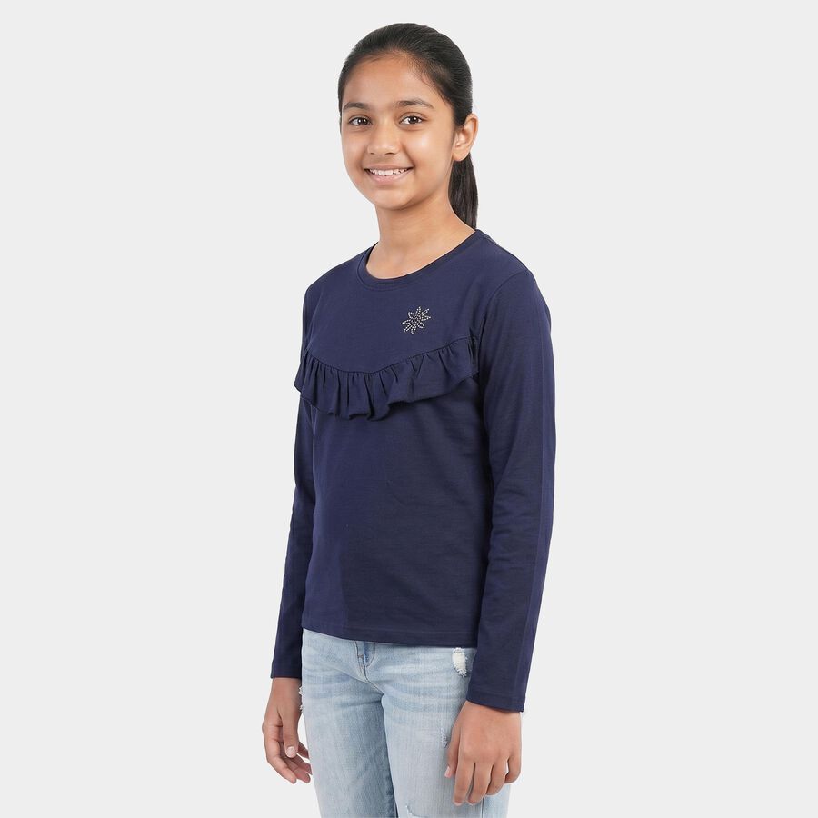 Girls' Navy Blue Round Neck Regular Top, नेवी ब्लू, large
