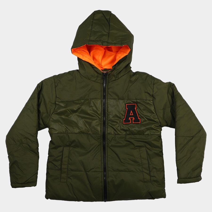 Boys Olive Green Hooded Puffer Jacket, Olive, large