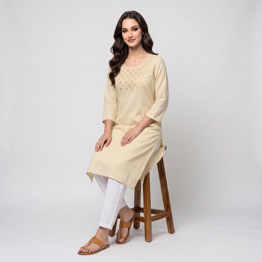 Women's Beige Round Neck Embroidered Kurta, Beige, large