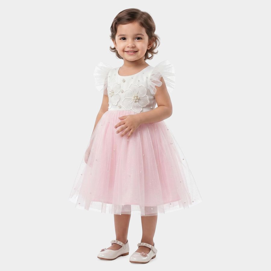 Girls' Pink Fit and Flare Floral Applique Party Wear Frock, हल्का गुलाबी, large