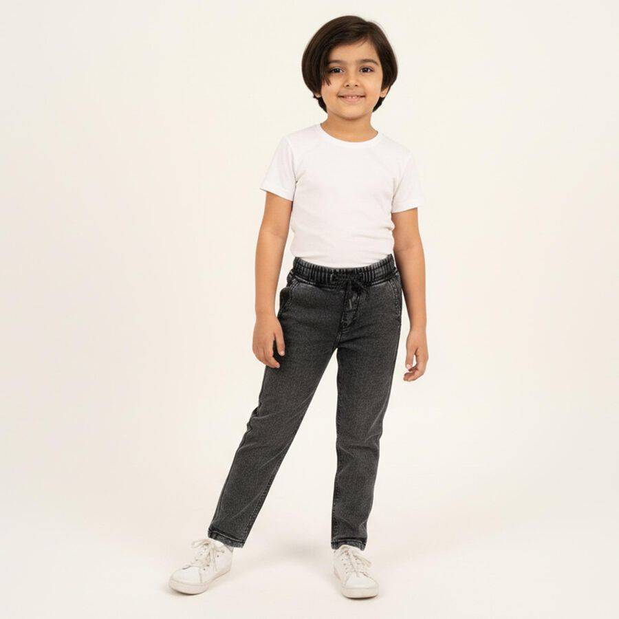 Boys' Washed Black Regular Fit Elastic Waist Jeans, गहरा ग्रे, large image number null