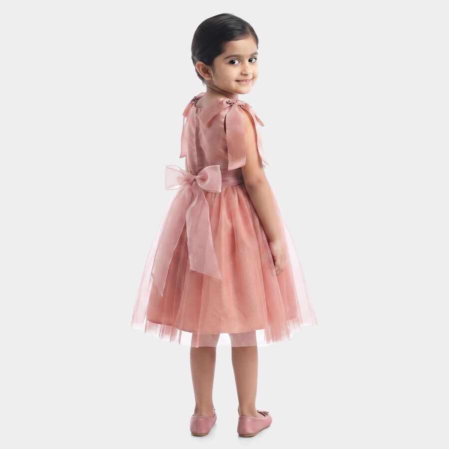 Girls' Pink Fit and Flare Bow Detail Party Wear Frock, Light Pink, large