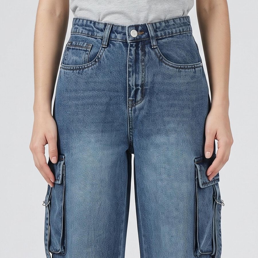 Women's Blue Cargo Fit Utility Jeans, मध्यम नीला, large