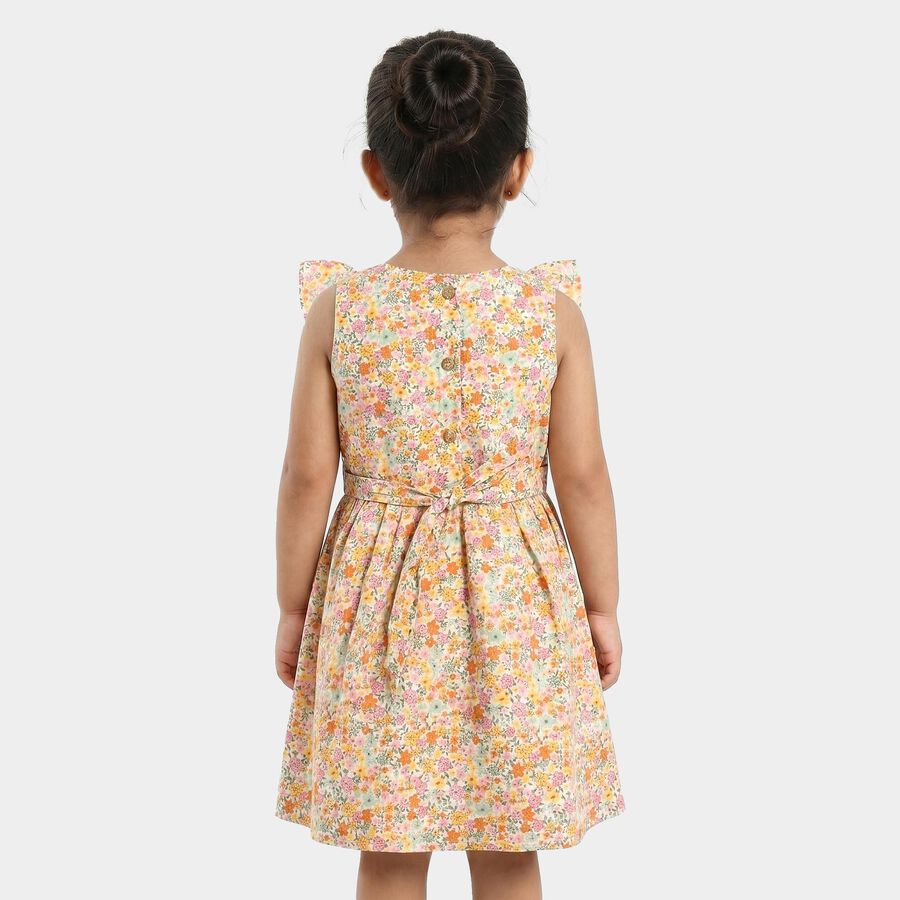 Girls' Beige Floral Printed Fit and Flare Frock, Beige, large