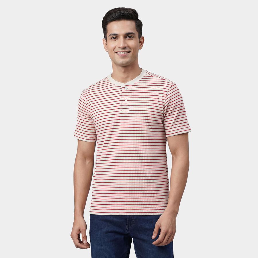 Men's Off-White Henley Neck Casual T-Shirt, Off White, large