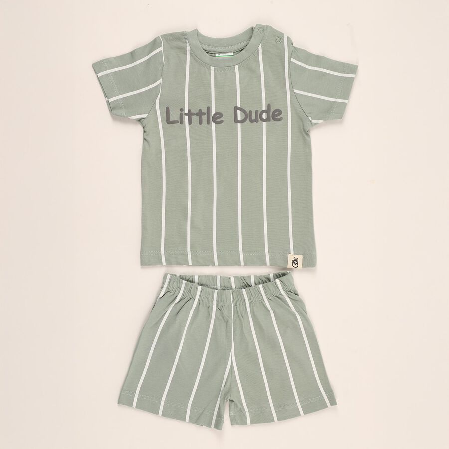 Infants' Light Green Cotton Round Neck Striped Baba Suit, Light Green, large image number null