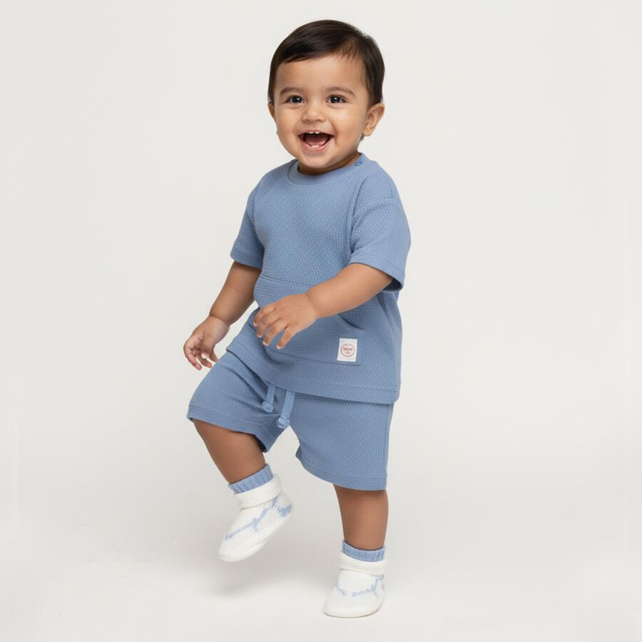 Infants Soft Baby Blue Textured Cotton Baba Suit, मध्यम नीला, large image number null