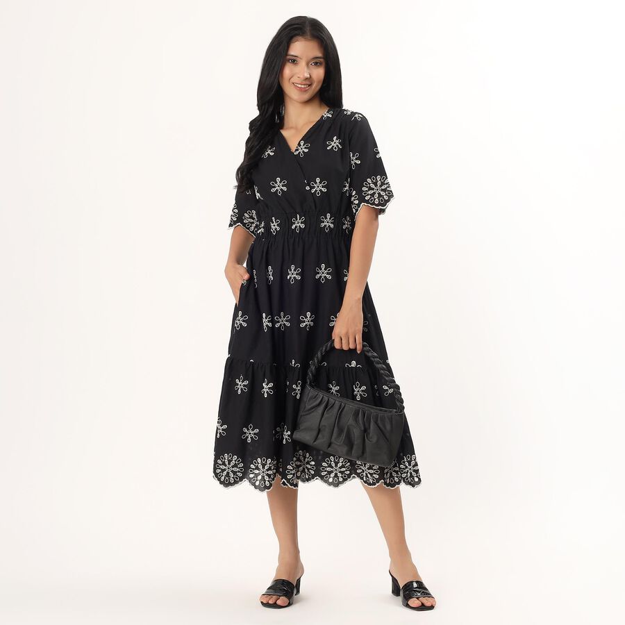 Women's Black Cotton Collar Neck Casual Shirt Dress, Black, large