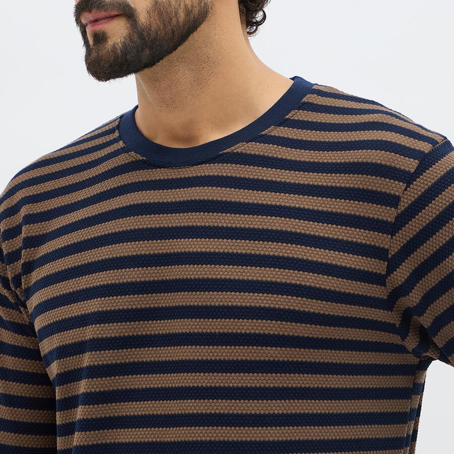 Men's Brown and Navy Crew Neck Casual T-Shirt, Khaki, large image number null