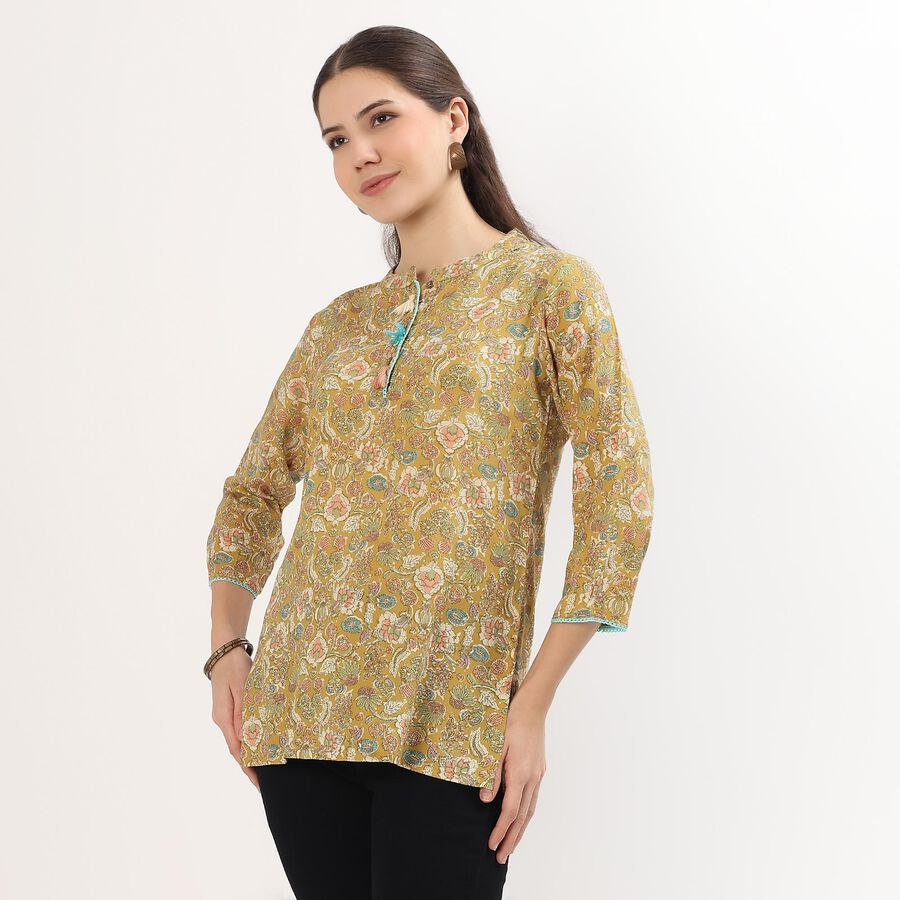 Women's Muted Mustard Yellow Mandarin Collar Floral Printed Kurti, पीला, large image number null