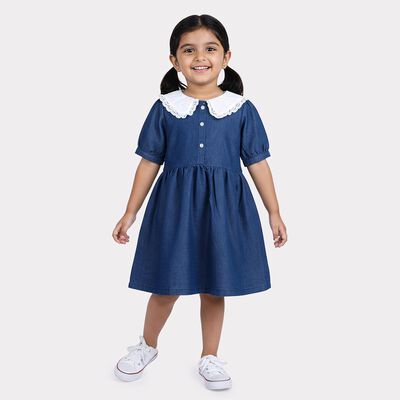 Girls' Blue Fit and Flare Lace Collar Frock