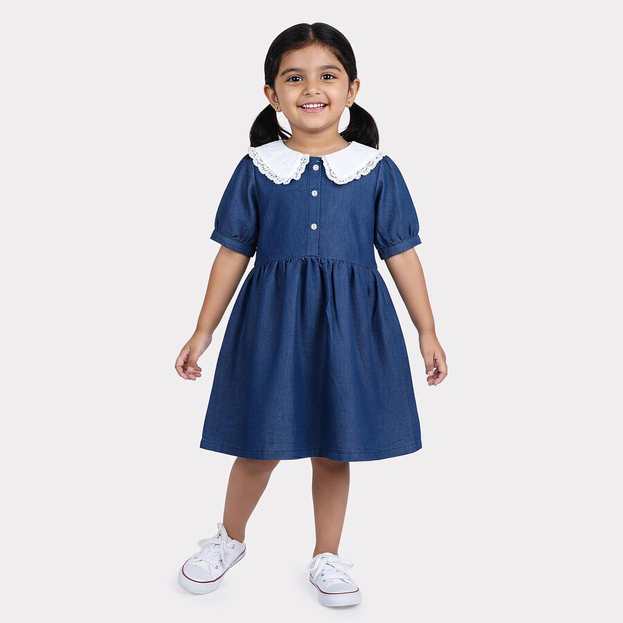 Girls' Blue Fit and Flare Lace Collar Frock, Mid Blue, large