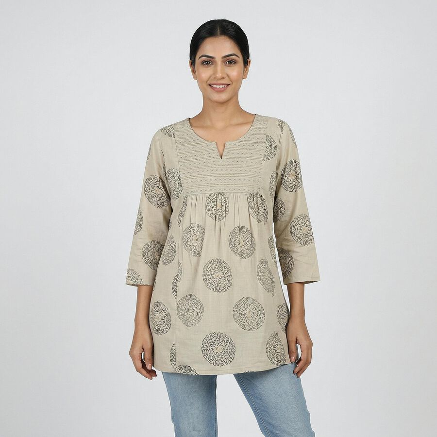 Women's Beige Round Neck Solid Kurti, Beige, large