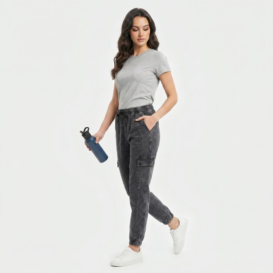 Women's Black Jogger Fit Cargo Track Pants, काला, large