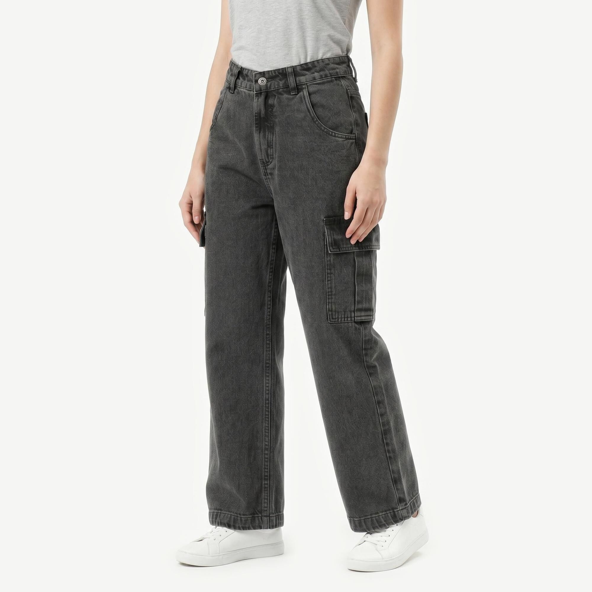 Wavelength Women's Dark Grey Relaxed Fit Cargo Jeans | Vishal Mega