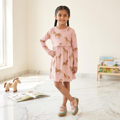 Girls Pink Horse Printed Fit and Flare Frock