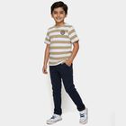 Boys' Beige Round Neck Striped Casual T-Shirt, गहरा पीला, small
