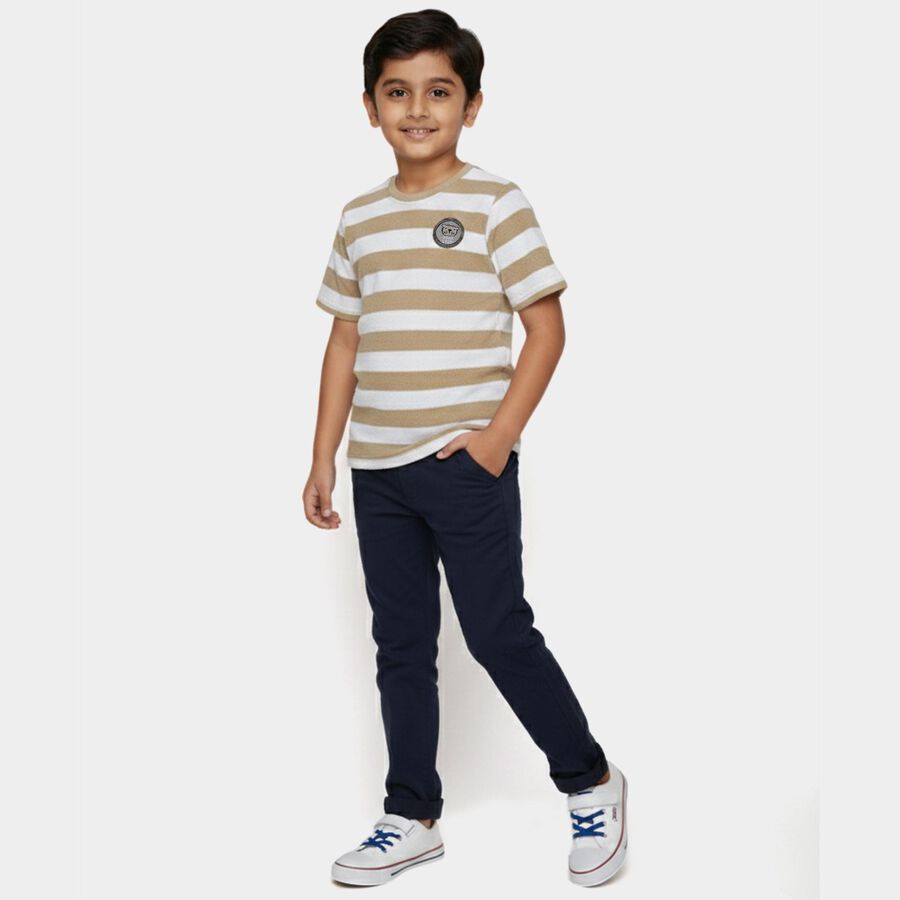 Boys' Beige Round Neck Striped Casual T-Shirt, गहरा पीला, large