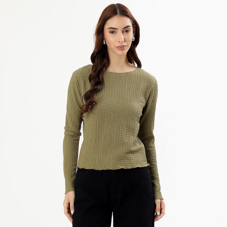 Women's Muted Olive Green Round Neck Casual Top, Olive, large image number null