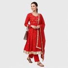 Women's Red Cotton Round Neck Embellished Flared Kurta, Red, small
