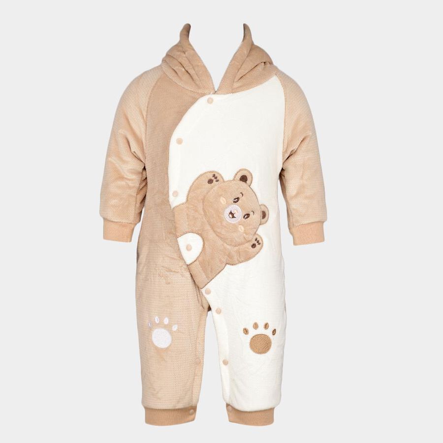 Infants' Beige Hooded Teddy Bear Applique Baba Suit, Beige, large image number null