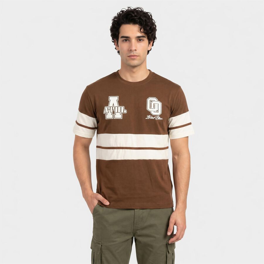 Men's Brown Round Neck Regular T-Shirt, Brown, large