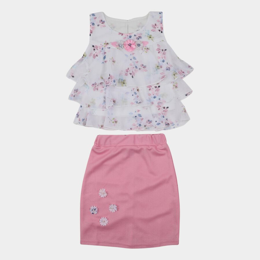 Girls White Floral Sleeveless Top and Pink Skirt Set, Light Pink, large