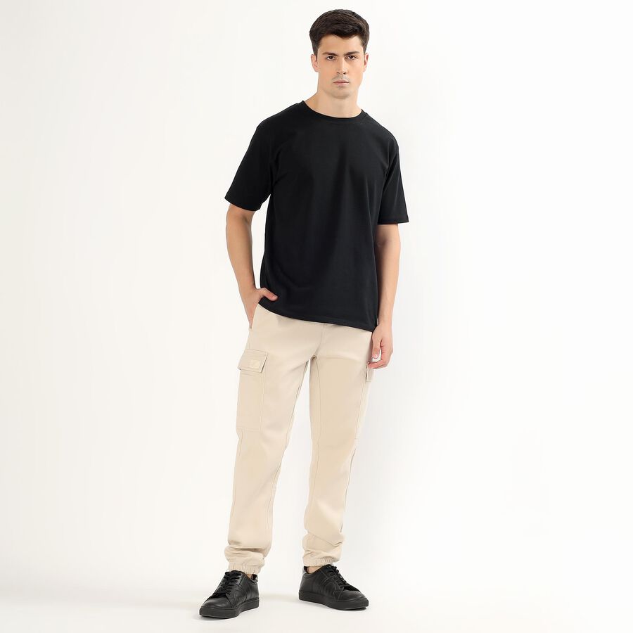 Men's Light Beige Slim Fit Cargo Trousers, Ecru Melange, large