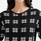 Women's Black Round Neck Casual Printed Top, Black, small