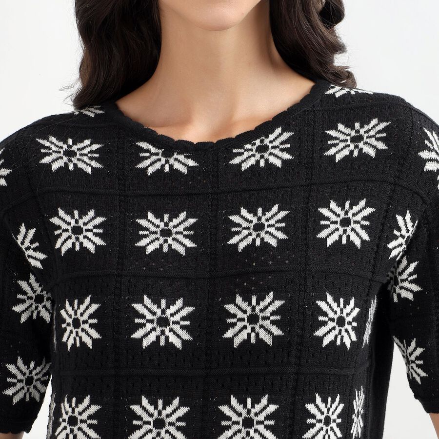 Women's Black Round Neck Casual Printed Top, Black, large