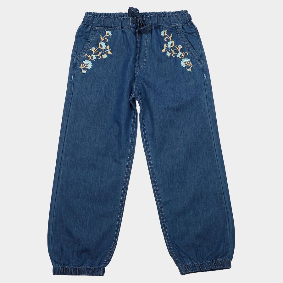 Girls' Blue Jogger Fit Embroidered Jeans, Light Blue, large