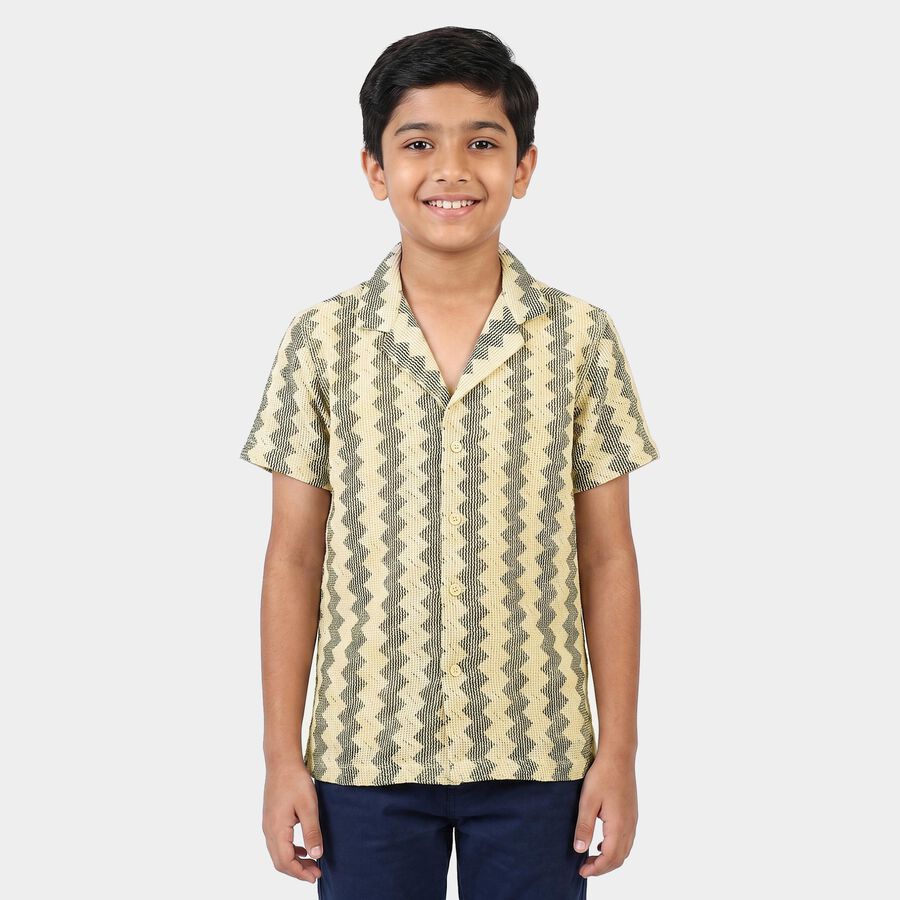 Boys Beige Geometric Camp Collar Casual Shirt, Beige, large