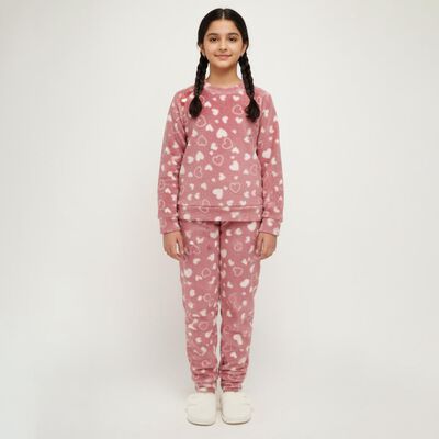 Girls' Dusty Rose Heart Printed Fleece Winter Pyjama