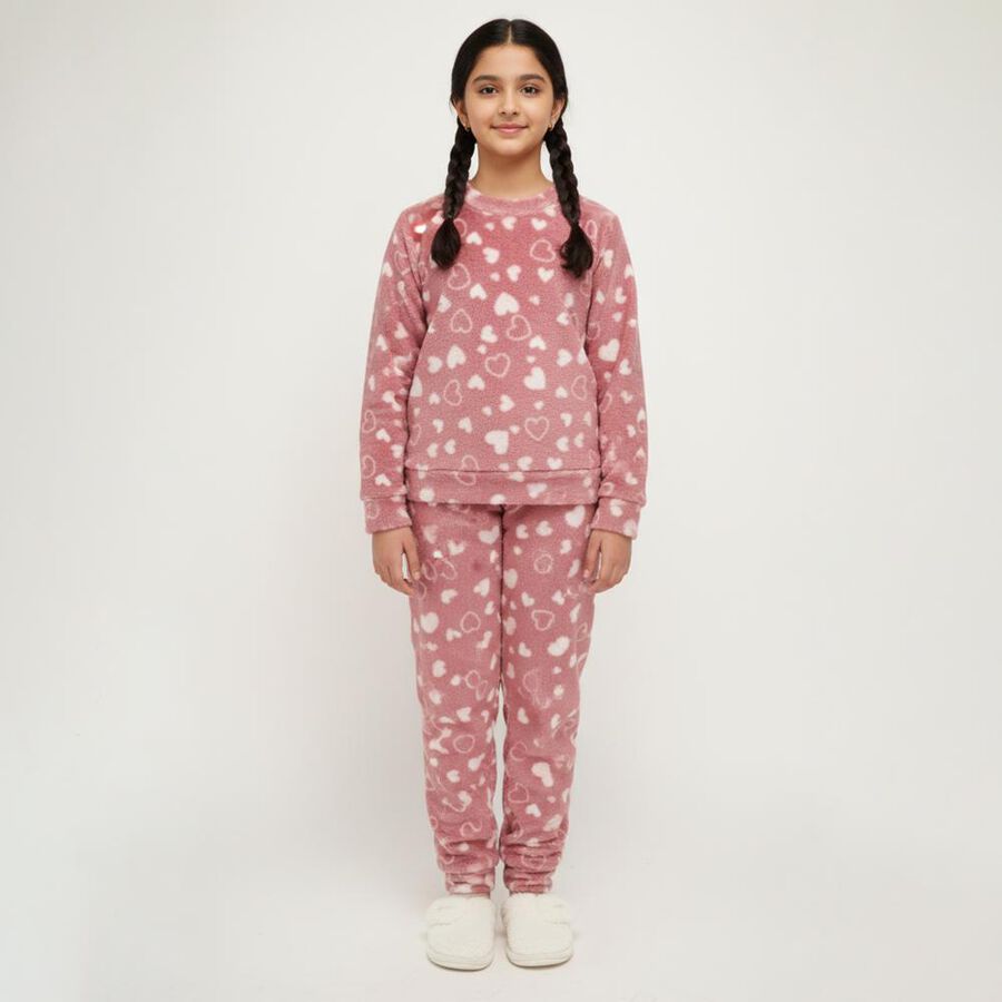 Girls' Dusty Rose Heart Printed Fleece Winter Pyjama, Pink, large image number null
