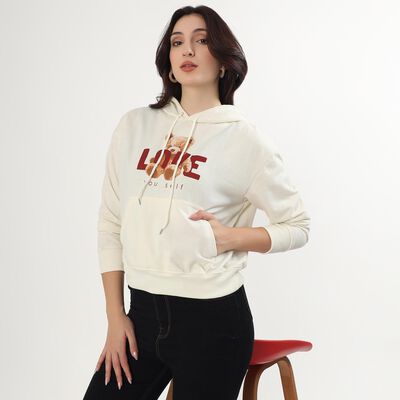 Women's Rich Eggshell White Hooded Neck Casual Sweatshirt