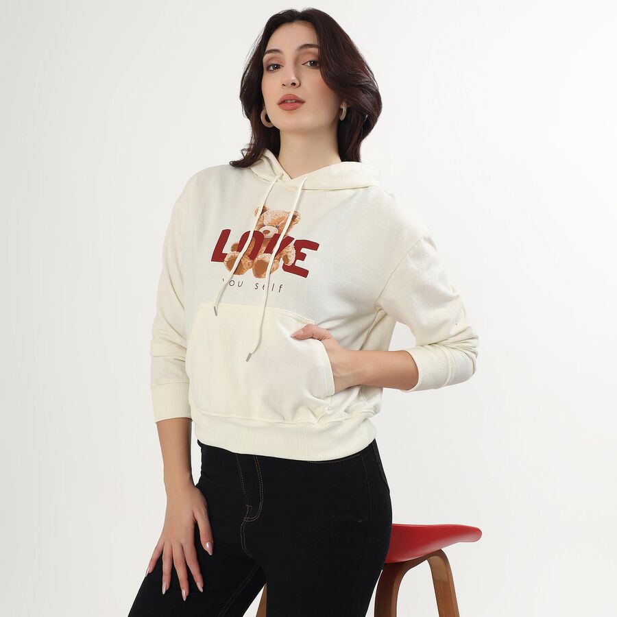 Women's Rich Eggshell White Hooded Neck Casual Sweatshirt, Off White, large image number null