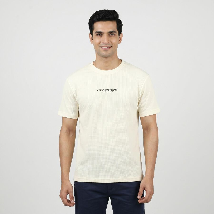 Men's White Round Neck Casual T-Shirt, ऑफ व्हाइट, large