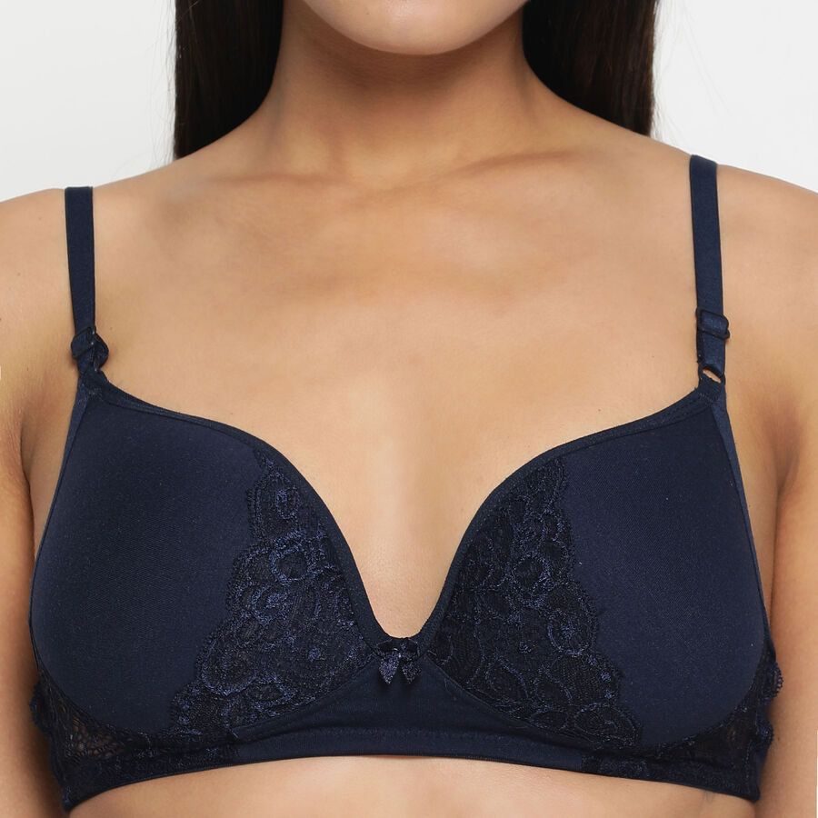 Half Lace Padded Bra, Navy Blue, large image number null