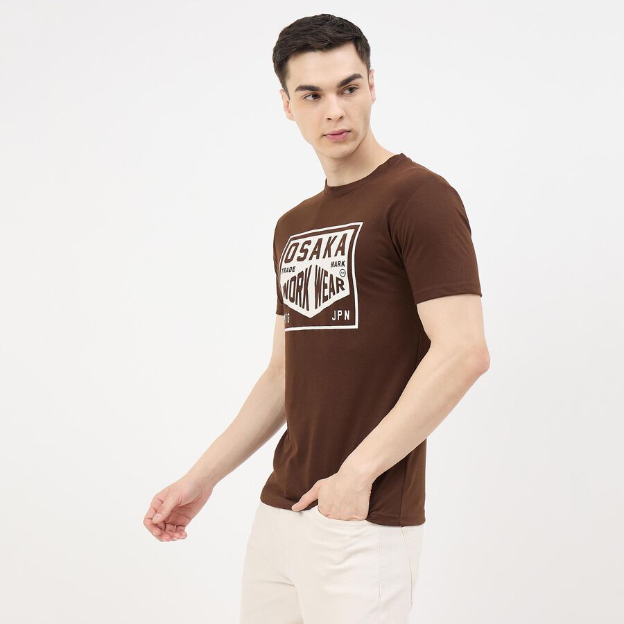 Men's Brown Round Neck Graphic Printed T-Shirt, Brown, large